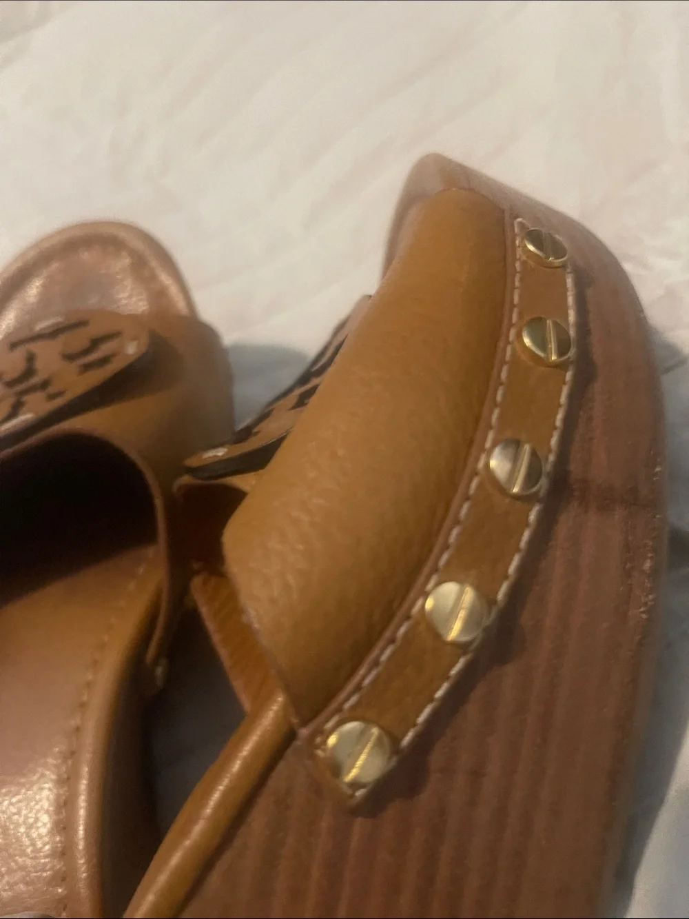 Tory Burch Cognac Leather Logo Slide Mules